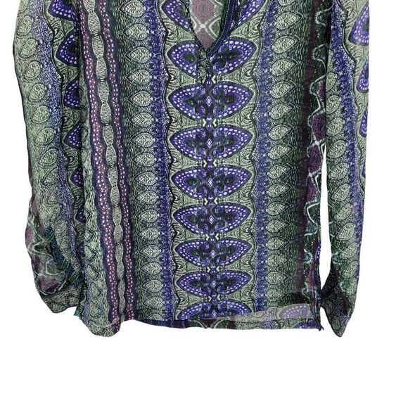 KAS Designs Sheer Long Blouse L Blue Green Medallion Leaf Print Boho Peasant - Picture 8 of 11